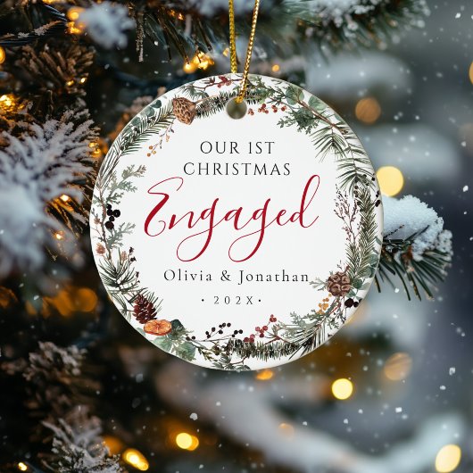 Erste Weihnachtsfeier Verlobtes Grünkraut Foto Keramik Ornament