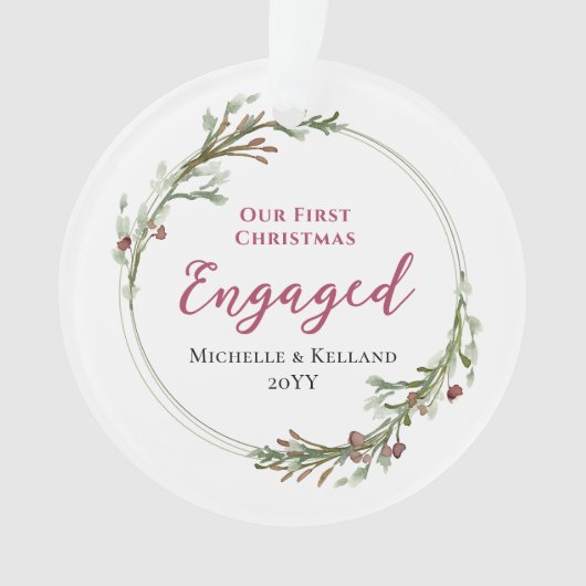 Erste Weihnachtsfeier Verlobtes Minimal-Kranz-Foto Ornament (Vorderseite)