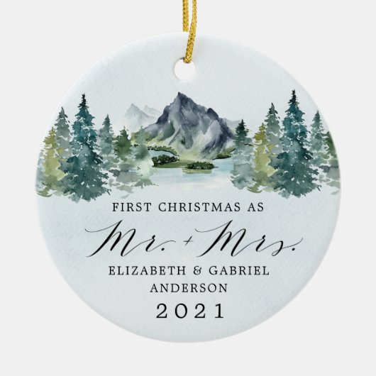 Erste Weihnachtsfeier von Herrn und Frau Mountains Keramik Ornament (Vorne)