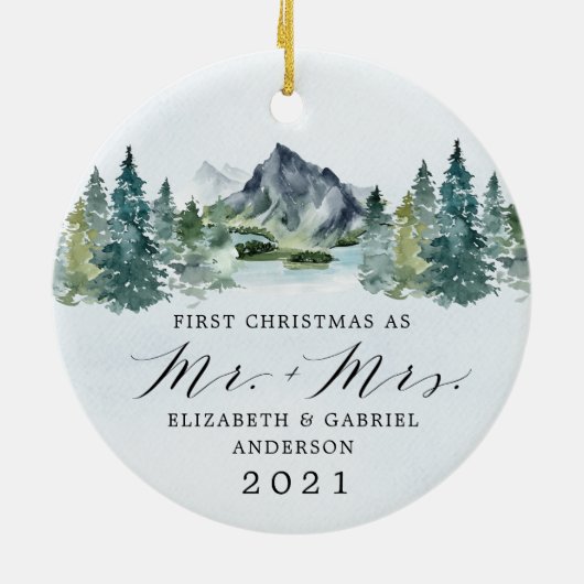 Erste Weihnachtsfeier von Herrn und Frau Mountains Keramik Ornament (Hinten)