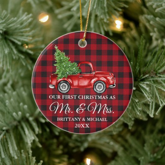 Erste Weihnachtsfeier von Herrn und Frau Truck Red Keramik Ornament (Baum)