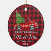 Erste Weihnachtsfeier von Herrn und Frau Truck Red Keramik Ornament (Links)