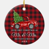 Erste Weihnachtsfeier von Herrn und Frau Truck Red Keramik Ornament (Hinten)