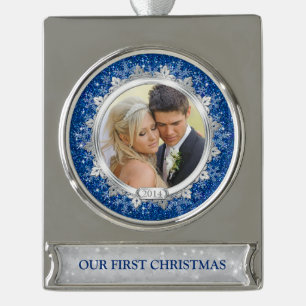 Erste Weihnachtsfeier zusammen Foto Blue Silver Banner-Ornament Silber