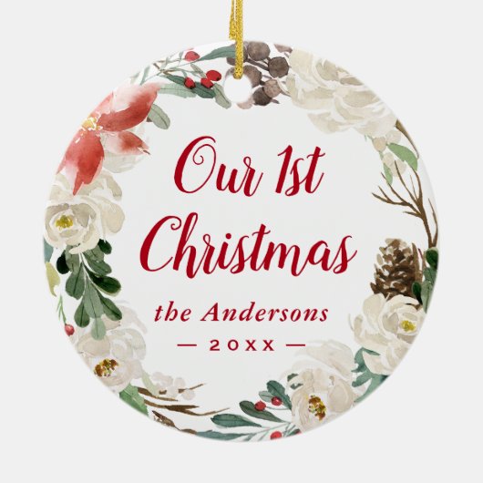 Erste Weihnachtsferien Elfenbeinblumenkruste Foto Keramik Ornament (Hinten)