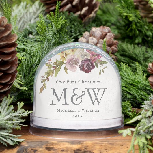 Erste Weihnachtsflorale Monogram-Foto Schneekugeln (Winter)