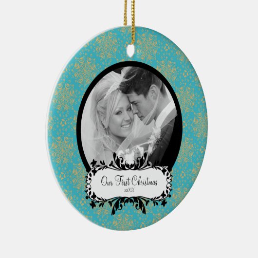 Erste WeihnachtsFoto-Verzierungs-elegante Keramikornament (Rechts)