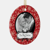 Erste WeihnachtsFoto-Verzierungs-Schneeflocken rot Keramikornament (Rechts)
