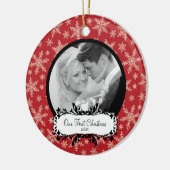 Erste WeihnachtsFoto-Verzierungs-Schneeflocken rot Keramikornament (Links)