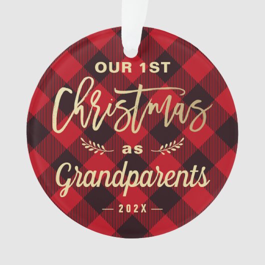 Erste Weihnachtsgroßeltern Gold Rotes Kariertes Fo Ornament (Vorderseite)