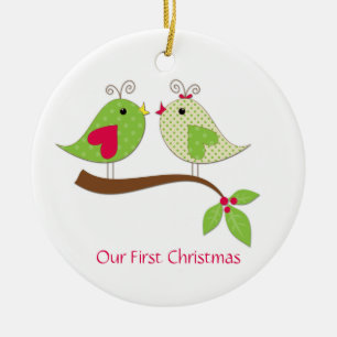 Erste Weihnachtsgrün Polka Dot LoveBirds on Holly Keramik Ornament