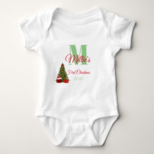 Erste Weihnachtsgrün Rot Editable Monogramm Baby Strampler (Vorderseite)
