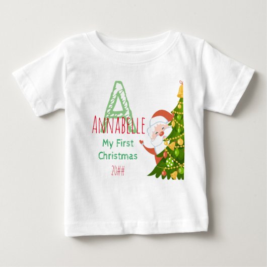 Erste Weihnachtsgrün Rot Editable Monogramm Baby T-shirt (Vorderseite)