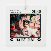 Erste Weihnachtshunde Foto Name Paw Prints Custom Keramikornament (Rückseite)