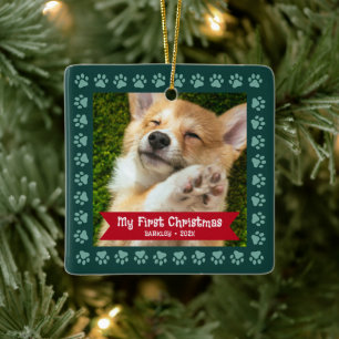 Erste Weihnachtsjunge Welpen Foto Paws Green Custo Keramikornament