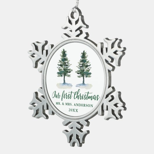 Erste Weihnachtskalligrafie Wasserfarbe Zwei Pinie Schneeflocken Zinn-Ornament (Rechts)