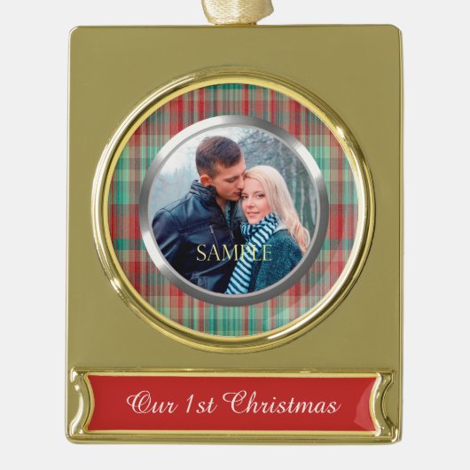 Erste WeihnachtsKariert Banner-Ornament Gold (Vorderseite)