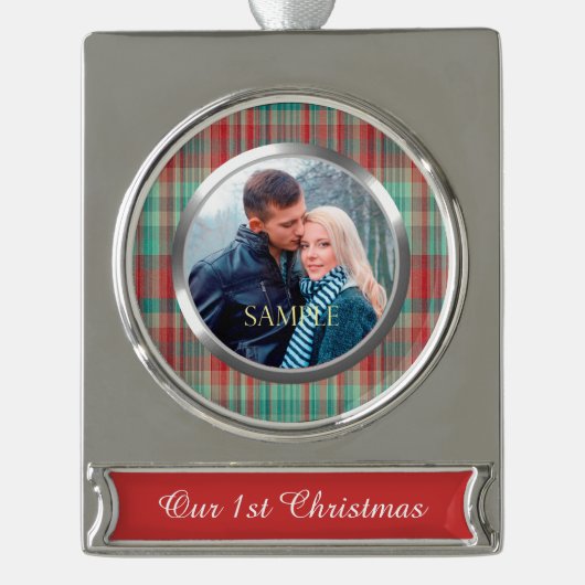 Erste WeihnachtsKariert Banner-Ornament Silber (Vorderseite)