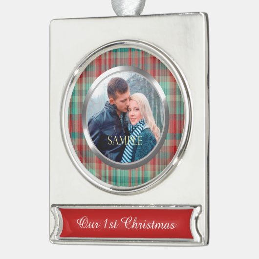 Erste WeihnachtsKariert Banner-Ornament Silber (Links)