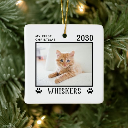 Erste Weihnachtskatzen Foto Name Paw Prints Custom Keramikornament (Baum)