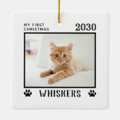 Erste Weihnachtskatzen Foto Name Paw Prints Custom Keramikornament (Rückseite)