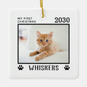 Erste Weihnachtskatzen Foto Name Paw Prints Custom Keramikornament (Vorderseite)