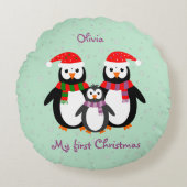 Erste Weihnachtspinguine, kundenspezifischer Text  Rundes Kissen (Vorderseite)