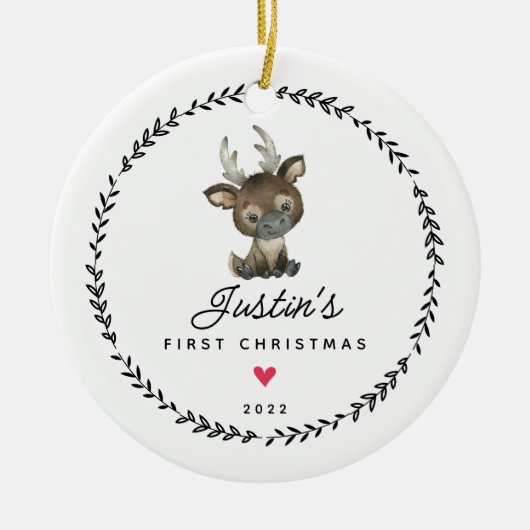 Erste Weihnachtsrentiere des Babys 2-seitiges Foto Keramik Ornament (Vorne)