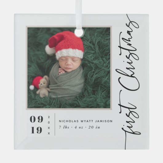 Erste Weihnachtsschrift Baby Birth Stats & Foto Ornament Aus Glas (Vorderseite)