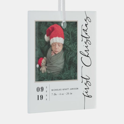 Erste Weihnachtsschrift Baby Birth Stats & Foto Ornament Aus Glas (Vorderseite Rechts)