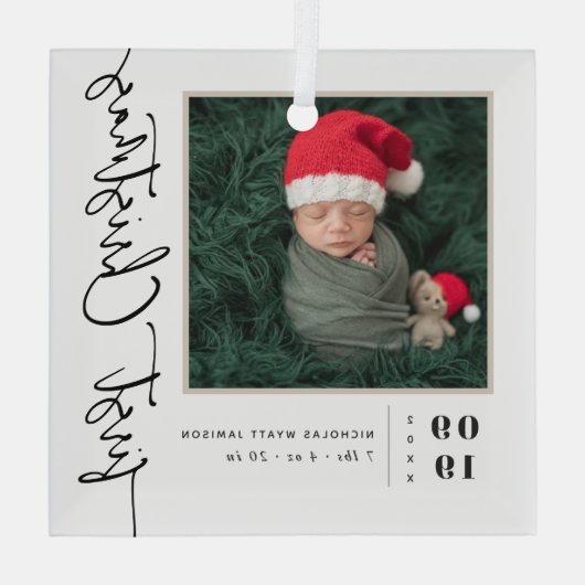 Erste Weihnachtsschrift Baby Birth Stats & Foto Ornament Aus Glas (Rückseite)