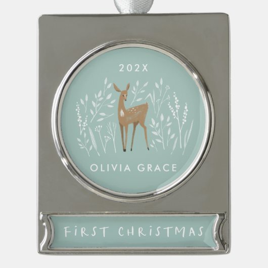 Erste Weihnachtsschwärme natürliche Rentiere delik Banner-Ornament Silber (Vorderseite)