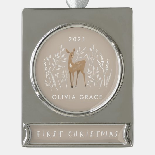 Erste Weihnachtsschwärme natürliche Rentiere delik Banner-Ornament Silber (Vorderseite)