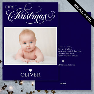 Erste Weihnachtstypografie Foto Name Folie Blau Folien Feiertagskarte