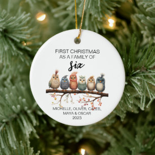 Erste Weihnachtsvogelfamilie zu sechst Keramik Ornament