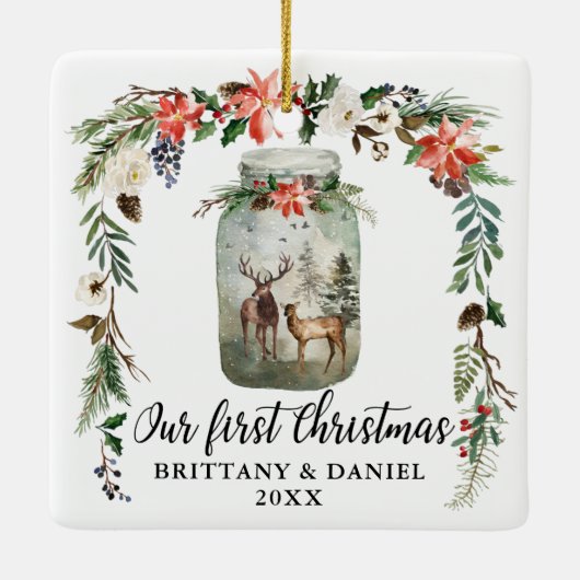 Erste Weihnachtswasserfarbe Winter Blumenrauschen Keramikornament (Rückseite)