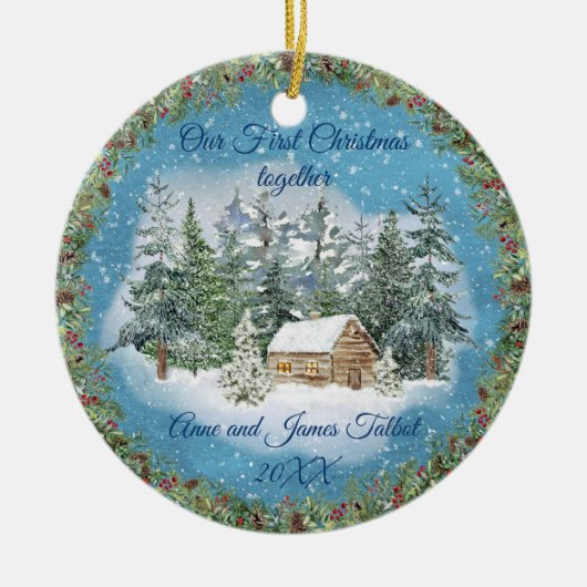 Erste Weihnachtswasserfarbe Winterlandschaft Keramik Ornament (Vorne)