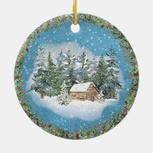 Erste Weihnachtswasserfarbe Winterlandschaft Keramik Ornament (Hinten)