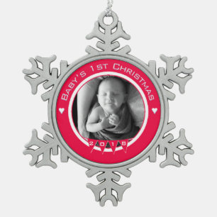 Erste Weihnachtszeit des Babys - Foto und Jahr in Schneeflocken Zinn-Ornament
