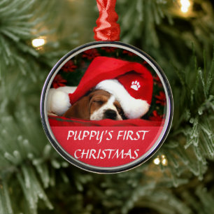 Erste Weihnachtszeit für Welpen (Runde) Ornament Aus Metall