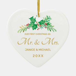 Erste Weihnachtszeit Herr & Frau Watercolor Holly Keramik Ornament