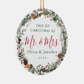 Erste Weihnachtszeit Mr. & Mrs. Greenery Wreath Fo Keramik Ornament (Rechts)