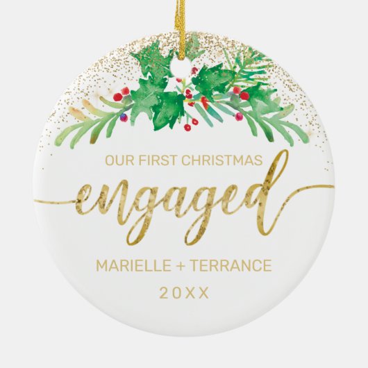 Erste Weihnachtszeit Verlobt Gold Glitzer Script H Keramik Ornament (Hinten)