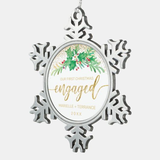 Erste Weihnachtszeit Verlobt Gold Glitzer Script H Schneeflocken Zinn-Ornament (Rechts)