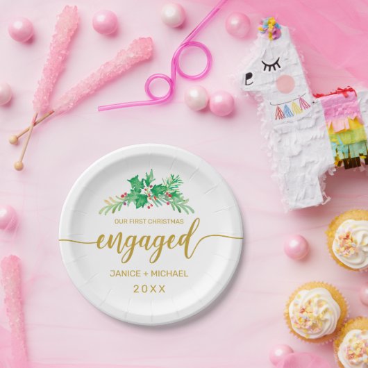 Erste Weihnachtszeit Verlobtes Goldskript-Monogram Pappteller (Party)