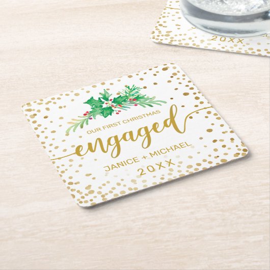 Erste Weihnachtszeit Verlobtes Goldskript-Monogram Rechteckiger Pappuntersetzer (angewinkelt)
