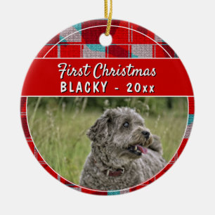 Erste Welpen Weihnachten Roter Karierter Hund Foto Keramik Ornament