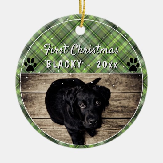 Erste Welpen Weihnachts Paw Green Kariert Dog Foto Keramik Ornament (Vorne)