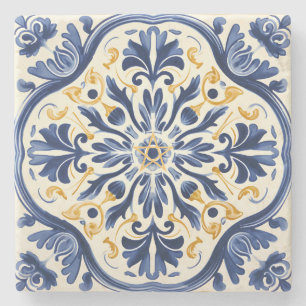 Erstelle deine eigene blaue gelbe Talavera-Blume Steinuntersetzer