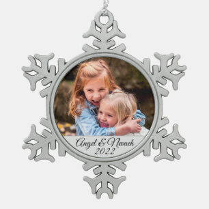 Erstellen Sie eigene Foto-Namen Schneeflocken Zinn-Ornament